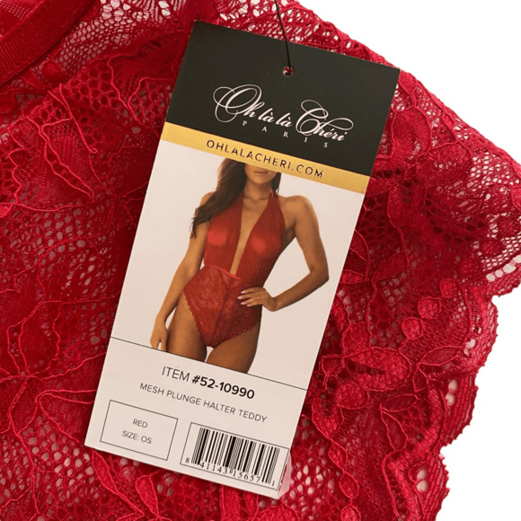 Oh La La Cherie Aria Mesh Plunge Halter Teddy One Size Red - Picture 3 of 5